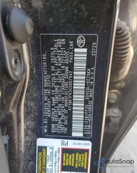 2012 Toyota Camry Se from USA, damaged, VIN 4T1BK1FK5CU007942